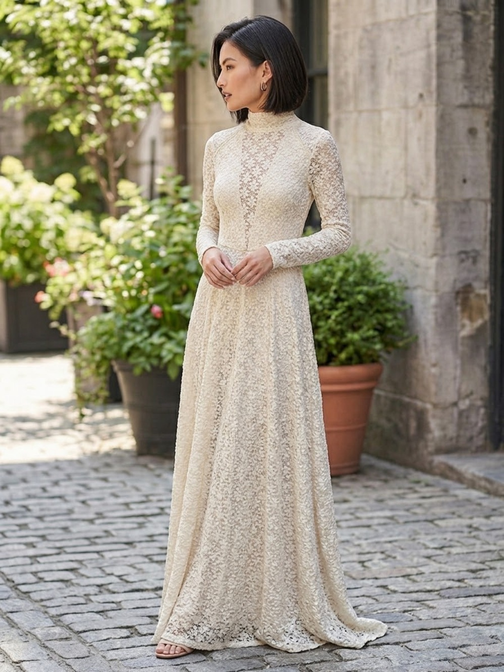 Free People Ivory Lace High-Neck Long Sleeve Maxi Dress